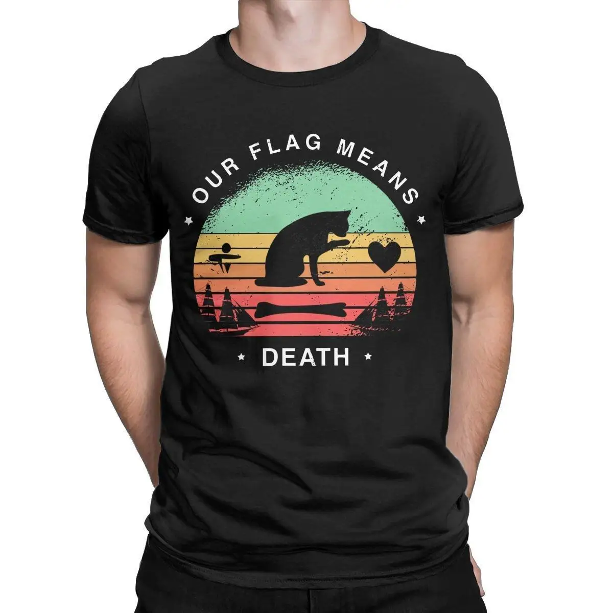 Our Flag Means Death Retro Men T Shirt Flag with Cat Vintage Tees Short Sleeve Crewneck T-Shirt 100% Cotton Plus Size Clothing