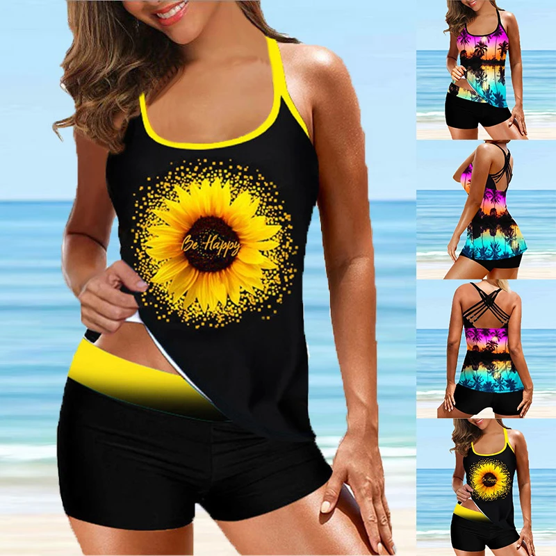 

2022 New Female Sunflower Print Monokini High Waist Swimwear Summer Two Piece Set Tankini Women Vintage Bathing Suit Swimsuit
