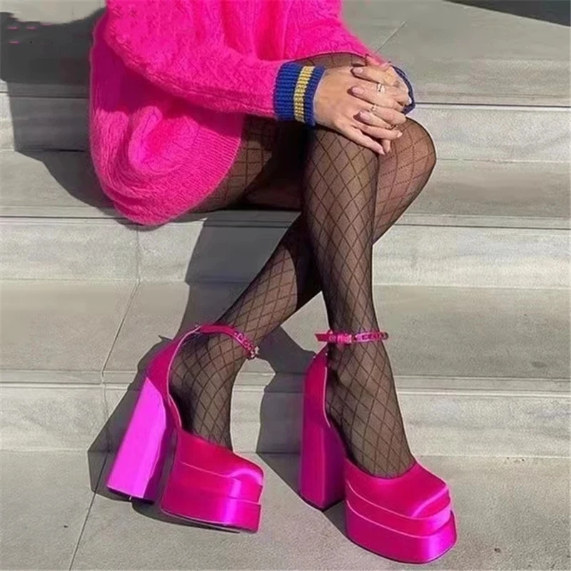 Fashion Woman High Heel Shoes Cover Toe Rhinestone Crude Heel Outdoor Party Sandals Thick Bottom Silk Summer Women Sandals Sexy