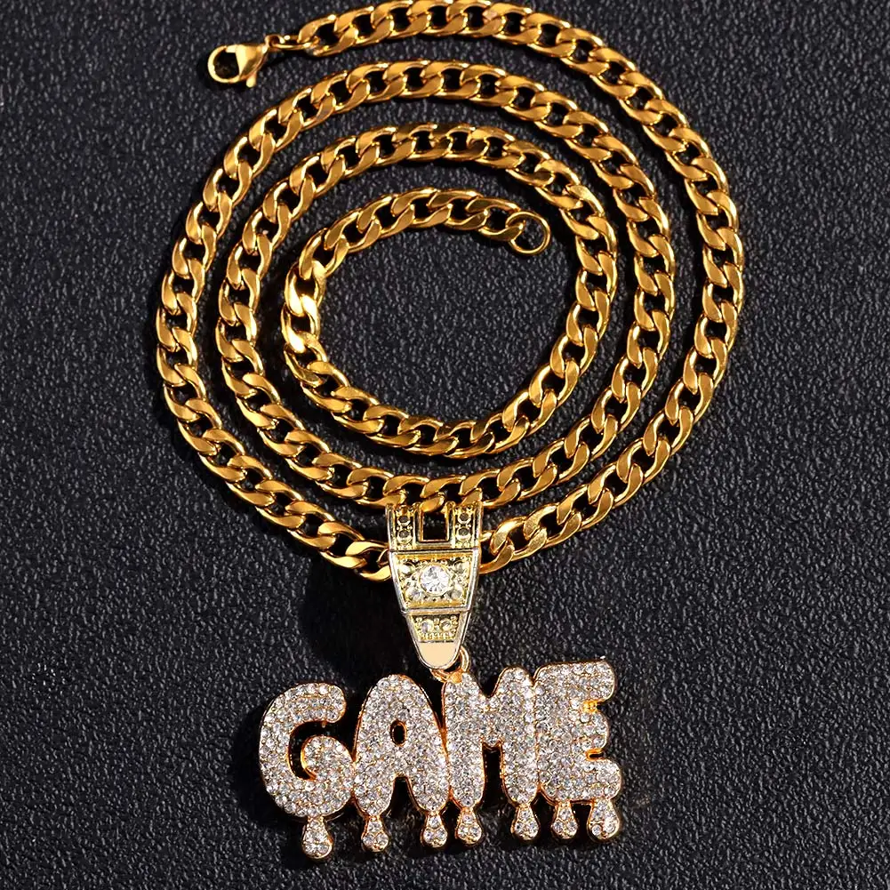 

Hip Hop Bling Crystal Letter GAME Pendant Necklace For Women Men Stainless Steel Iced Out Cuban Link Chain Necklace Jewelry