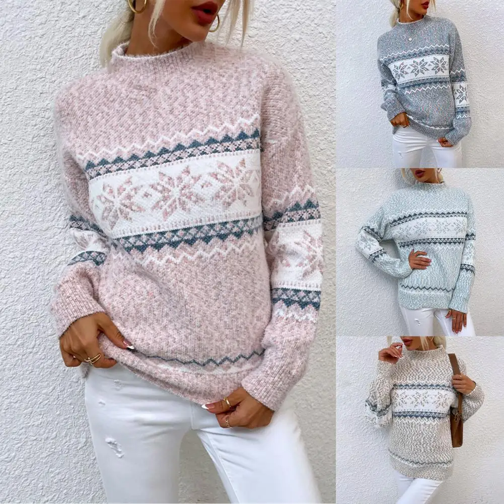 

Рождественская трикотажная одежда с коротким воротником и длинным рукавом, вязаный пуловер с принтом снежинок, свитер, джемпер, праздничная одежда