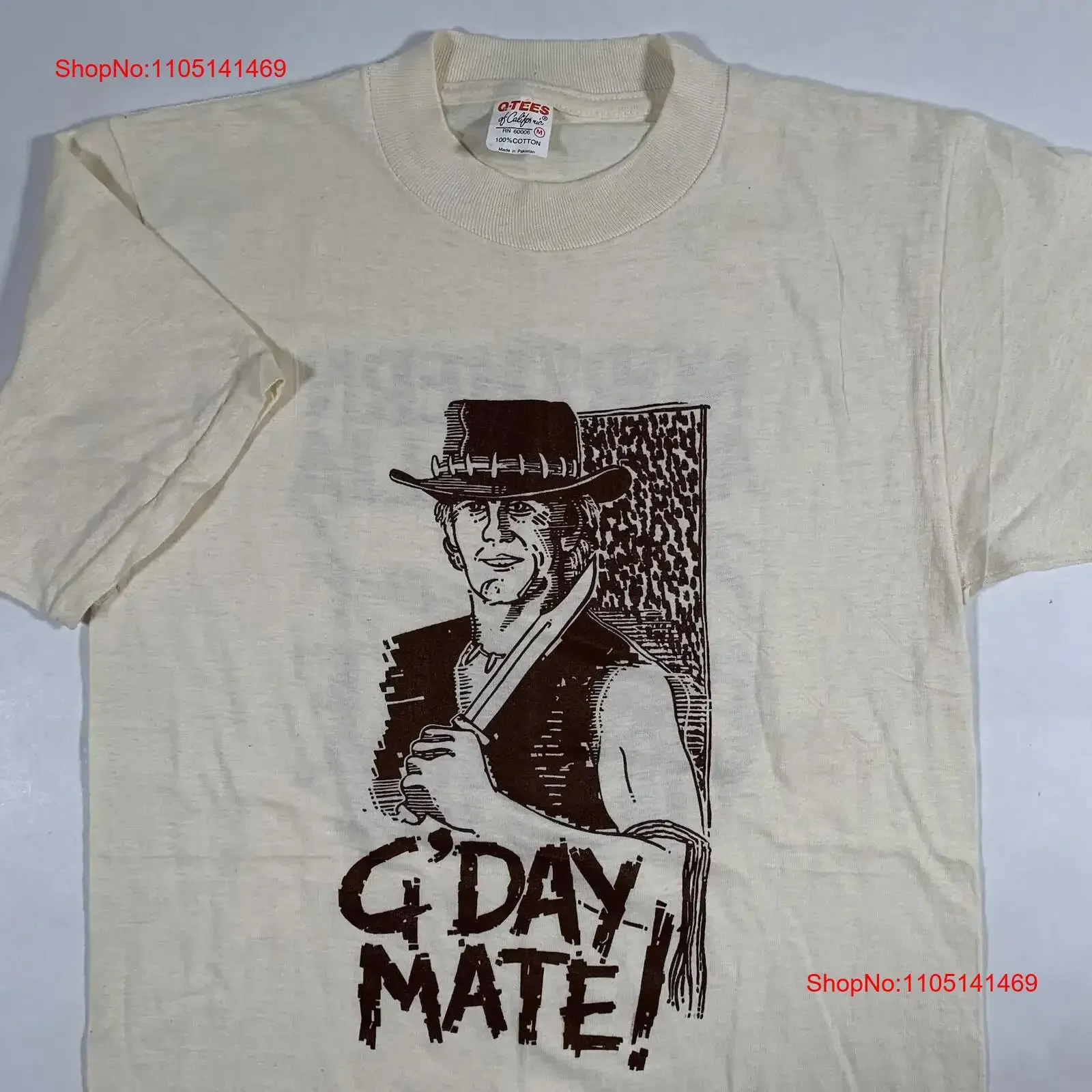 Фото VTG 80s Crocodile Dundee Movie Promo Футболка для взрослых среднего размера G'Day Mate Australia винтажная стираная дизайнерская одежда Универсальная мягкая №1
