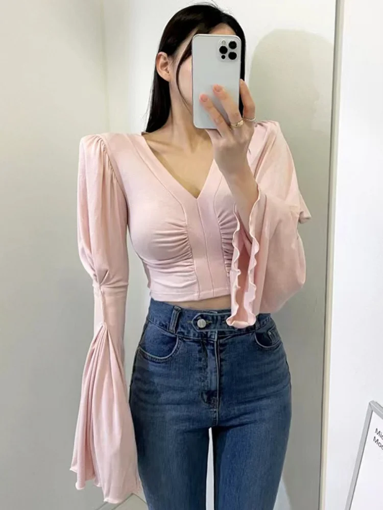 Кроп-топы Woherb Y2k модные плиссированные футболки однотонные облегающие пикантные