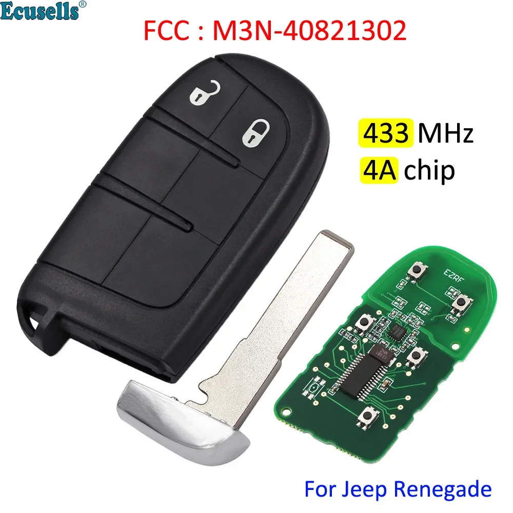 

2 Button Smart Remote Key Fob 433MHz 4A Chip for Jeep Renegade 2015 2016 2017 2018 2019 2020 2021 FCC : M3N-40821302 SIP22