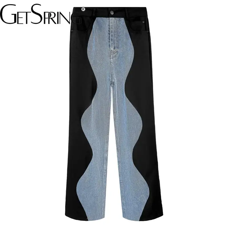 

GetSpring женские джинсовые брюки в стиле пэчворк с высокой талией синие джинсы сочетающиеся цвета свободные длинные джинсовые брюки для отдых...