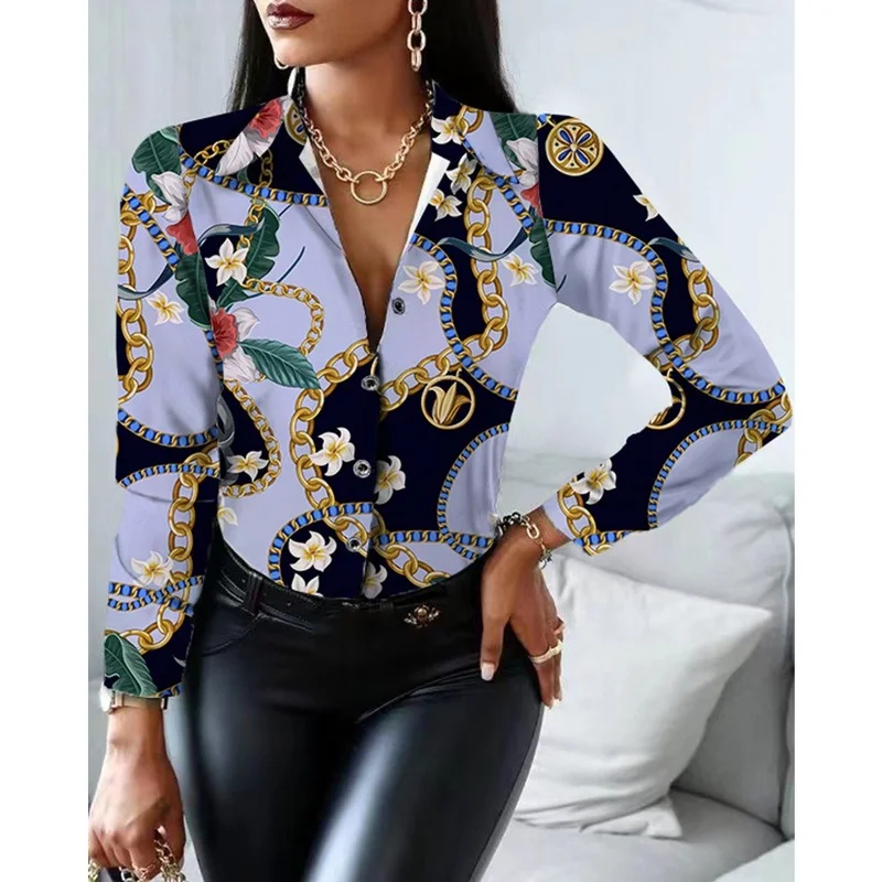 

Chain Print Women's Shirt Blouse Spring Long Sleeve Casual Fashion Woman Blouses 2022 Turn-down Collar Female Blouses and Shirts