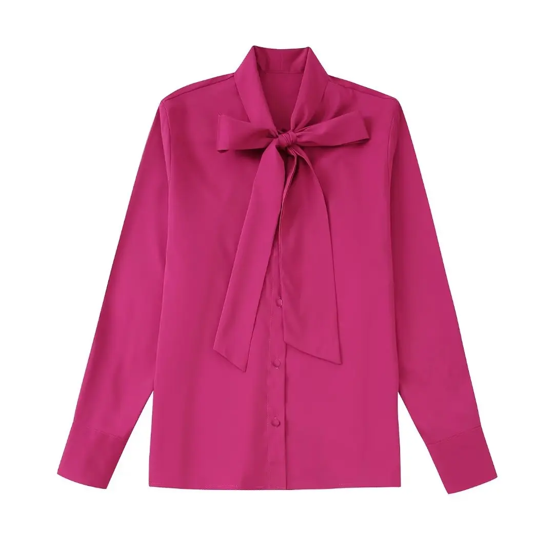 

Women Satin Shirt With Bow Collar Autumn 2022 New Fashion Full Sleeve Oversized Blouse Modern Girl Casual Top Wears
