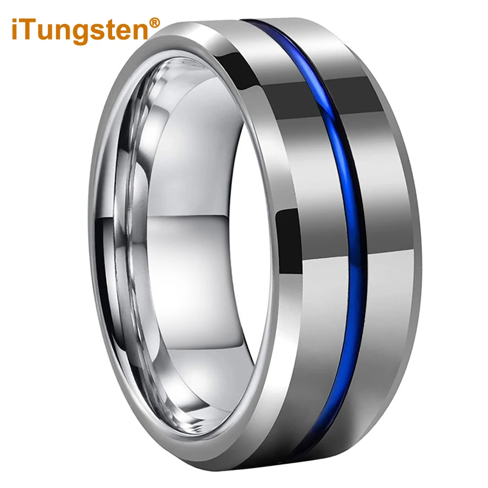iTungsten 8mm Shiny Forever Ring Tungsten Wedding Band For Men Women Beveled Grooved Polished Finish Comfort Fit