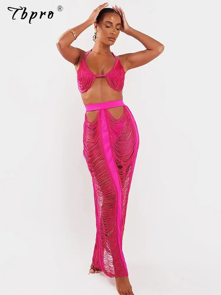 

Sexy Women Knitted Two Pieces Skirt Suit Halter Backless Bra Top Hollow Out Long Dress Ladies Solid Beach Club 2pcs/set Outfits