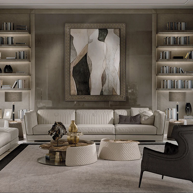 

Leather Sofa Italian Light Luxury Villa Large Apartment Adult Chaise Longue Master Design First Layer Cowhide Sofa Furniture Set