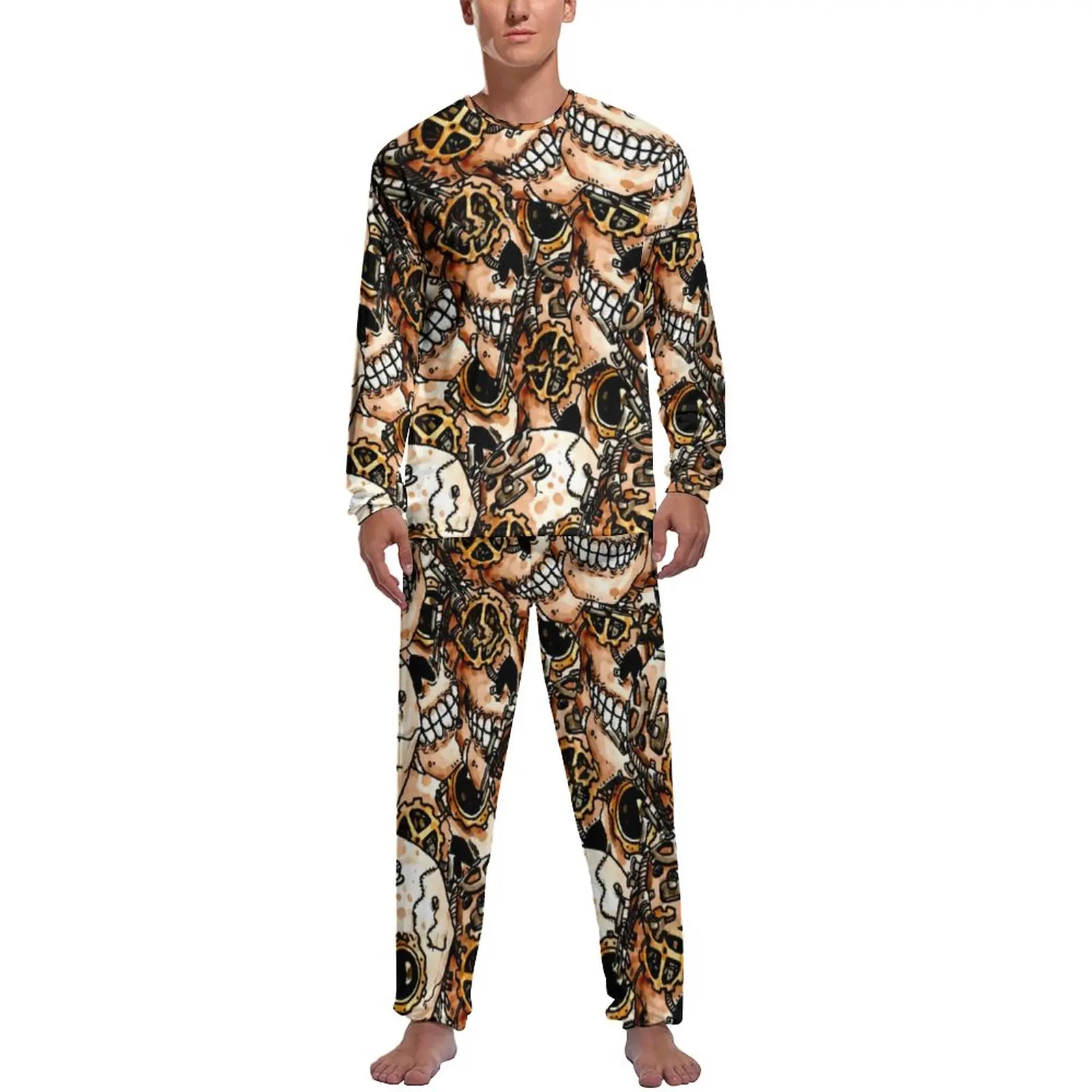 Funky Steampunk Pajamas Men Abstract Skull Print Kawaii Nightwear Spring Long-Sleeve 2 Pieces Casual Pattern Pajama Sets