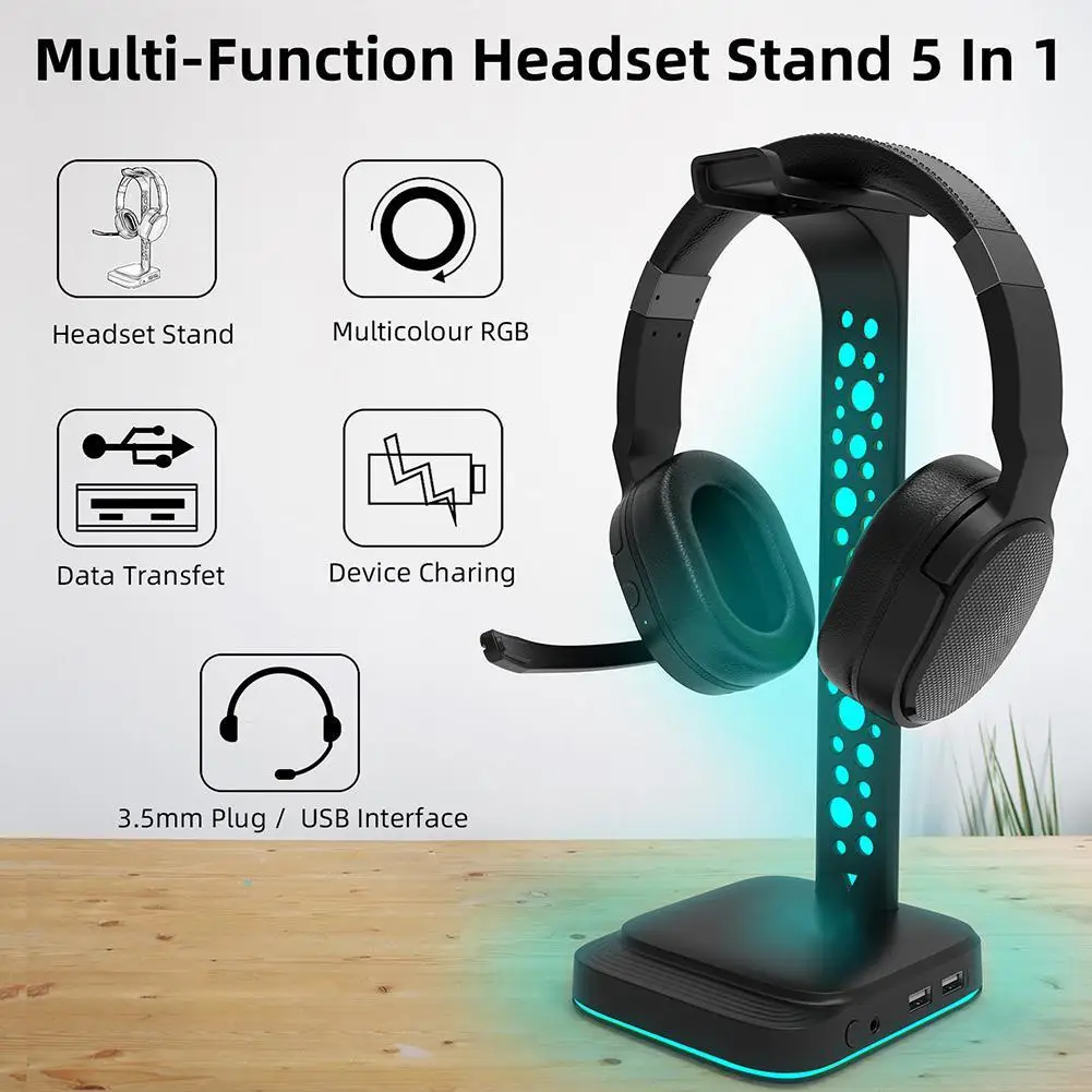 

RGB Headset Stand 3.5mm AUX Type-C 2 USB Ports Headphone Holder Rack for Desktop Gamers Gaming Earphone Accessories