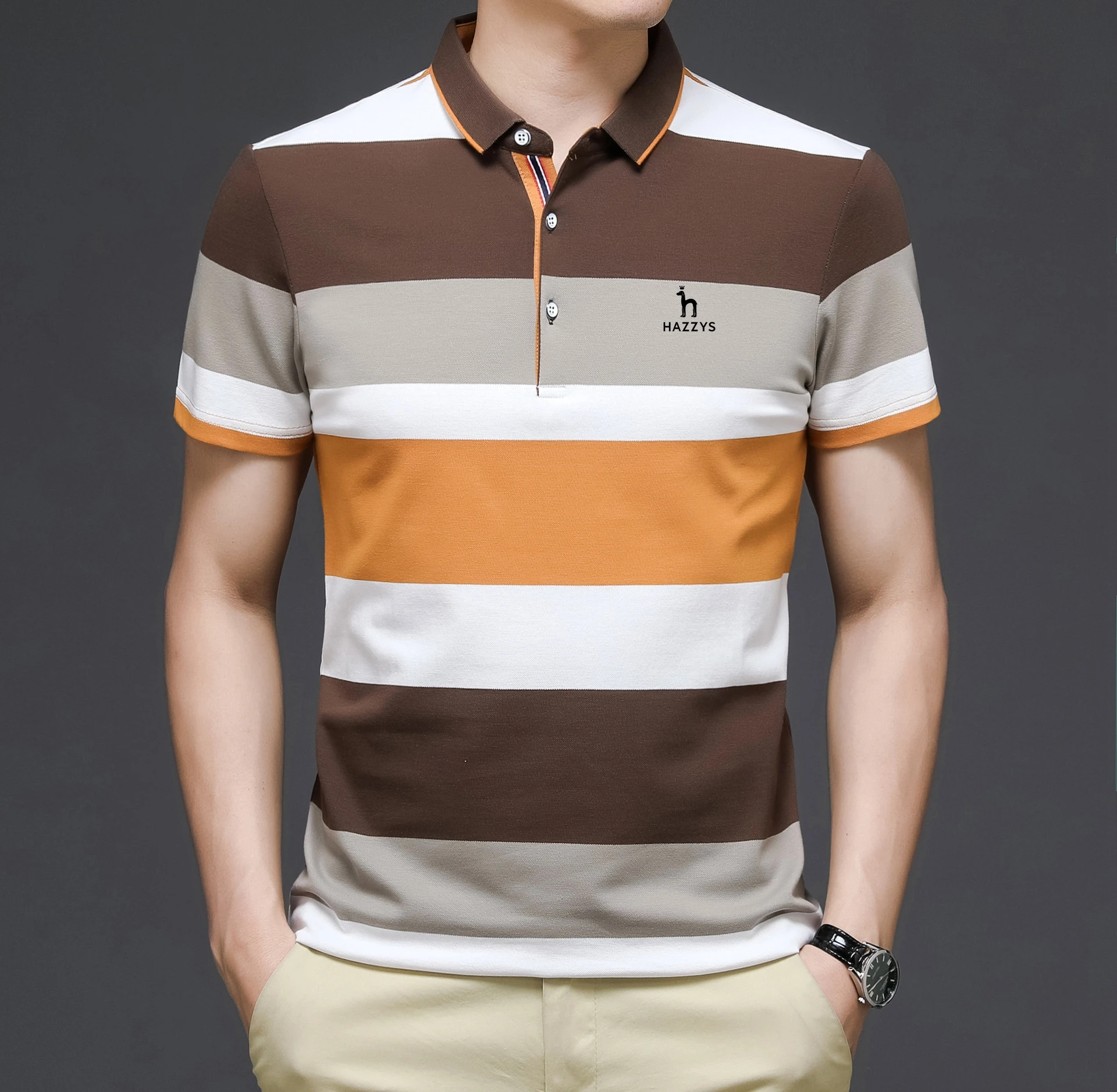 Embroidery logo high-quality brand men's polo T-shirt cotton stripe men's short sleeved top new comfortable men's clothing