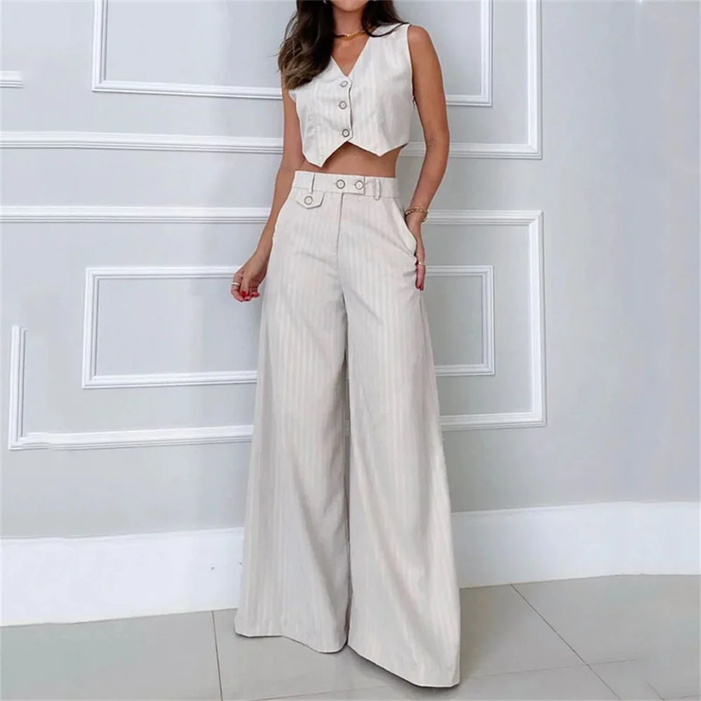 

White Striped Vest and Wide Leg Pants Two Piece Suit for Women Summer OL V-Neck Single Breasted Short Top High Waist Long Pants