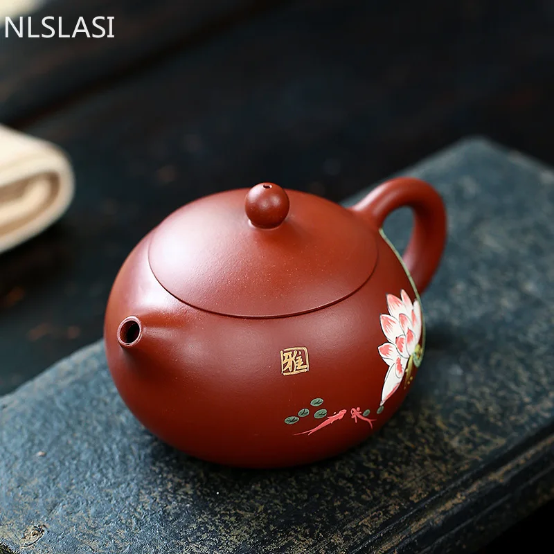 

Raw Ore Dahongpao Hand Painted Lotus Kettle Yixing Upscale Tea Pots Purple Clay Teapot Handmade Boutique Tea Set Gift 230ml