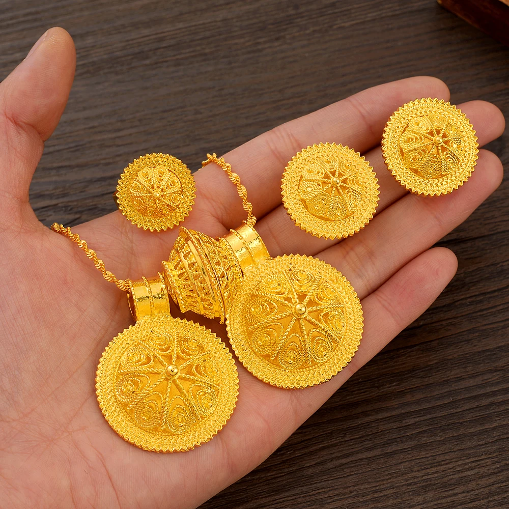 

24k Gold Platng Ethiopia Big Two Pendant Jewelry Set Necklace Classic Fashion Eritrea Set For Women's Habesha Wedding Party Gift