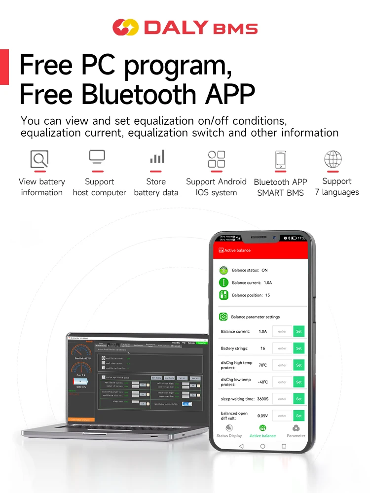 Daly Smart BMS Smart Active Balancer 4S Lifepo4 3S 8S 12S 16S 24S 12V 24V 36V 48V 30A 60A 80A 100A 150A 200A 500A Li-Ion Battery