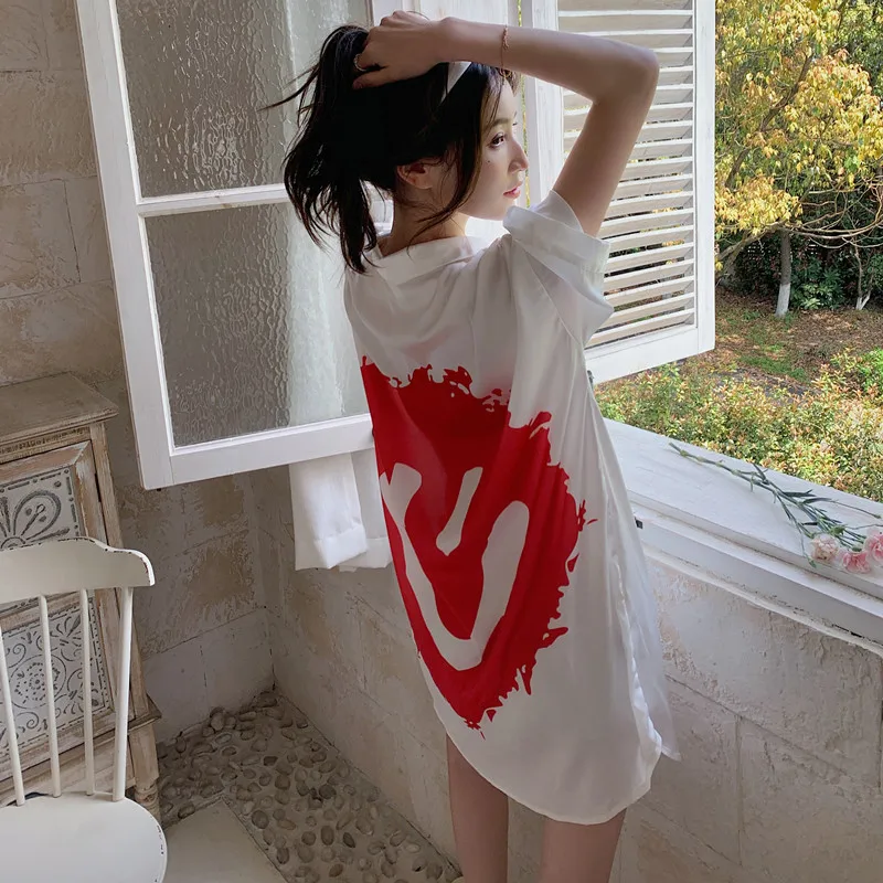 

Sweet Home Dress Women Summer Nightgown Boyfriend Shirt Sleepwear Button-up Nightshirt Sexy Ice Silk Female Pajamas Clothes Pj