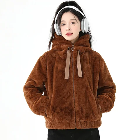 Женская зимняя новая Корейская версия модное плюшевое утепленное пальто с капюшоном Женская свободная Непринужденная теплая универсальная плюшевая куртка топ