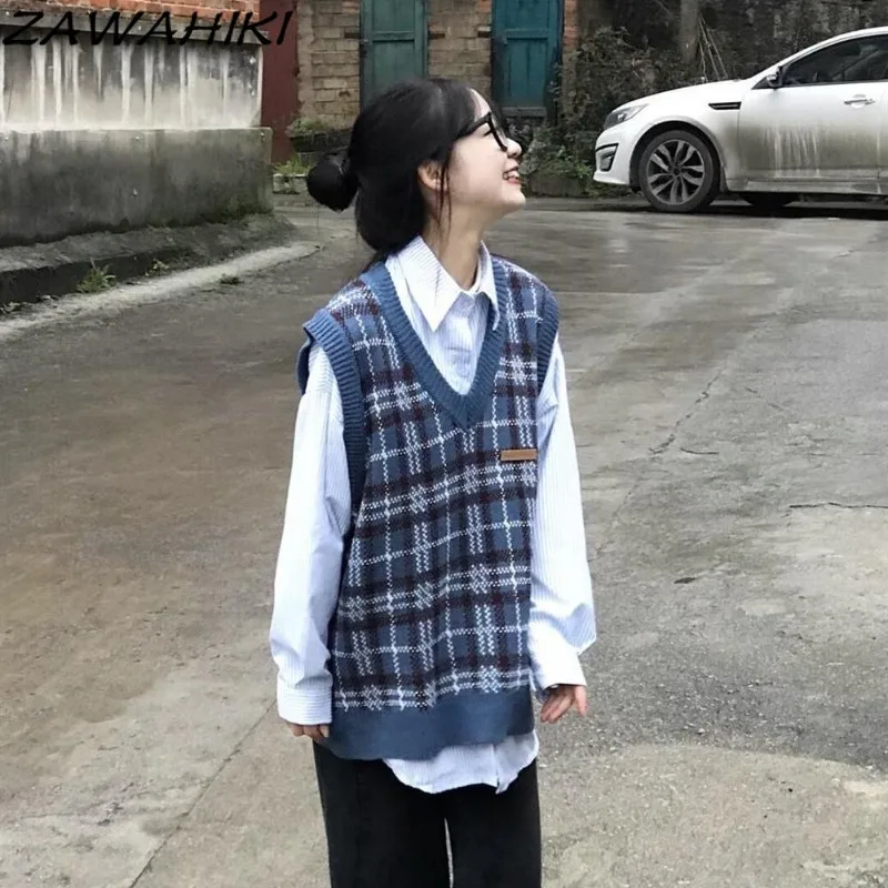 

Осенне-зимний винтажный Японский свитер без рукавов в стиле преппи контрастных цветов свободный клетчатый Повседневный Универсальный шикарный пуловер с V-образным вырезом