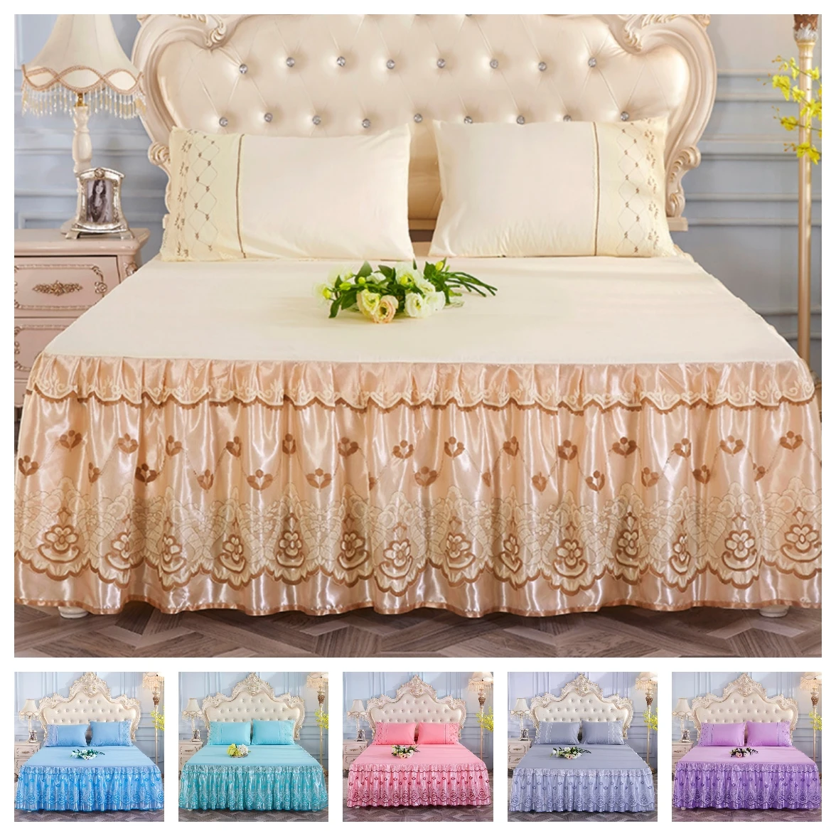 

3 Pcs Princess Bedding Solid Ruffled Bed Skirt Pillowcases Lace Bed Sheets Mattress Cover King Queen Full Twin Size Bed Cover