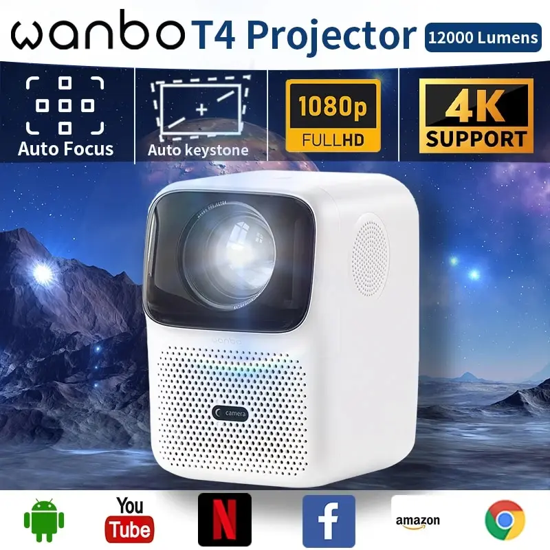 

Wanbo T4 Projector 4K Dual Wifi 12000 Lumens Full HD Projector1920*1080P Android 9.0 Keystone Correction Home Outdoor Movie