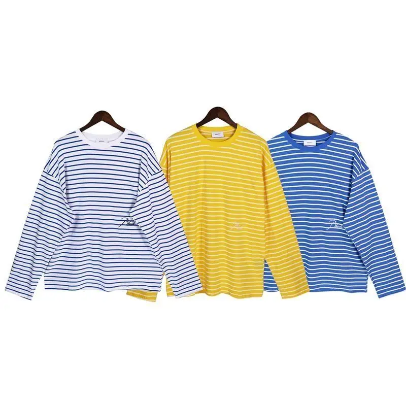 

2023 RHUDE embroidered logo stripe loose casual men and women all-match long-sleeved trendy high street American bottoming shirt