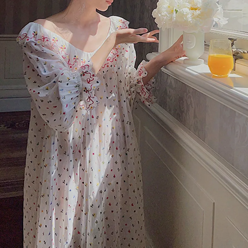

Винтажные длинные ночные рубашки принцессы во французском стиле, Милая Ночная рубашка с воротником с оборками и вышивкой, женская ночная сорочка с длинными рукавами
