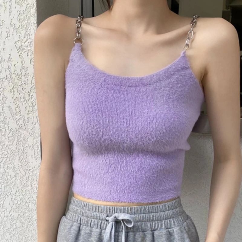 

Sexy Woman Tops Chain Sling Vest Street Navel Exposed Solid Top Female Club 2023 Summer Off Shoulder Sleeveless Woman Tank Top