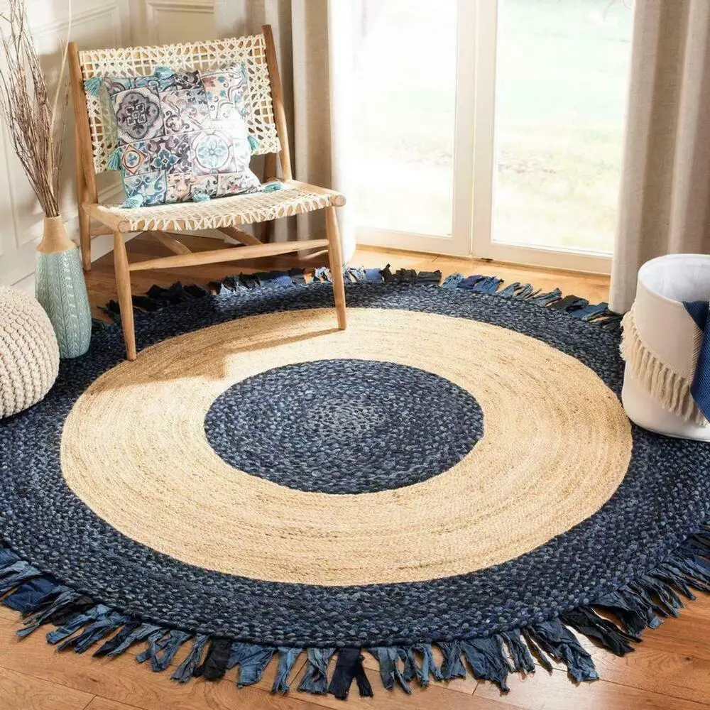 Rug Natural Jute & Cotton Braided Style Round Rug area Carpet Modern Living Rugs- home  carpet  rugs living room