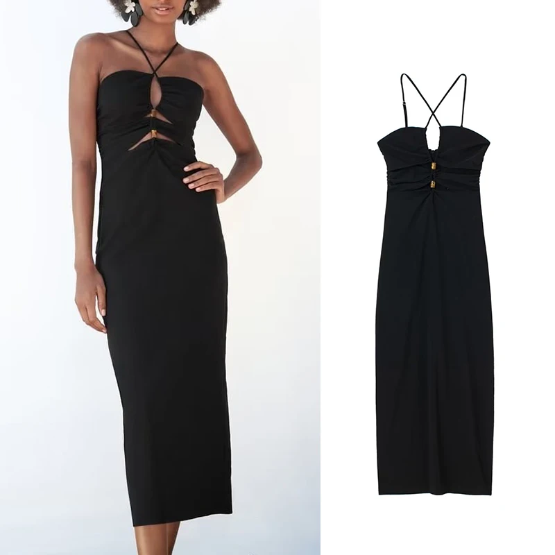 

Summer 2022 Women Fashion Hollow Out Design Dress Sleeveless Female Black Strap Midi Dress Vestidos HH6898