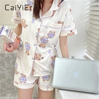 caiyier women embroidery bear sleepwear lovely female nightwear girl cardigan short sleeve top shorts kawaii summer loungewear