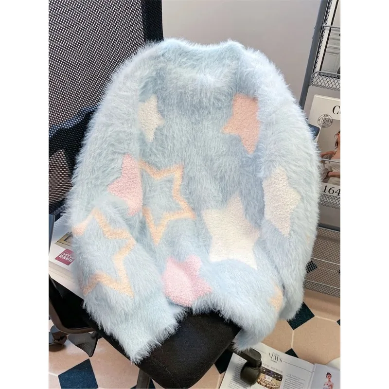 Шикарные синие свитера со звездным принтом женские кашемировые пуловеры из