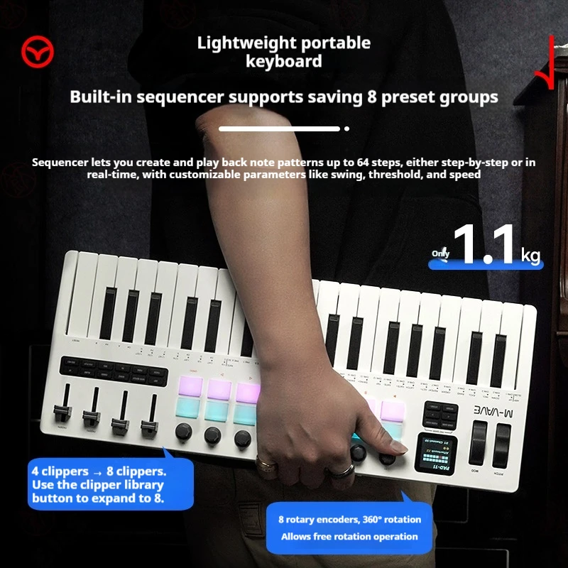Фото Портативный MIDI-контроллер M-VAVE SMK-37 Pro с 37 клавишами ​   С встроенным синтезатором, 8 регуляторами, 16 RGB-педалями и 37-клавишной панелью для перкуссии. №5