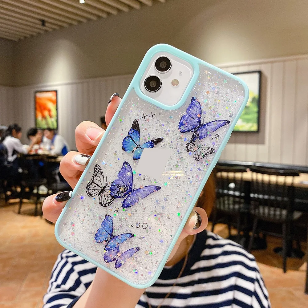 

Блестящий мягкий ударопрочный чехол с бабочкой для телефона iPhone 12 Mini 11 Pro Max XS Max XR X 6s 7 8 Plus SE, милый прозрачный чехол