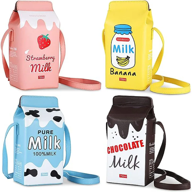 

Milk Strawberry Bag Pig Milk Box Pu Phone Shoulder Wallet Bag Small Purses Cute Fruits Crossbody Purse Bag for Women Girls