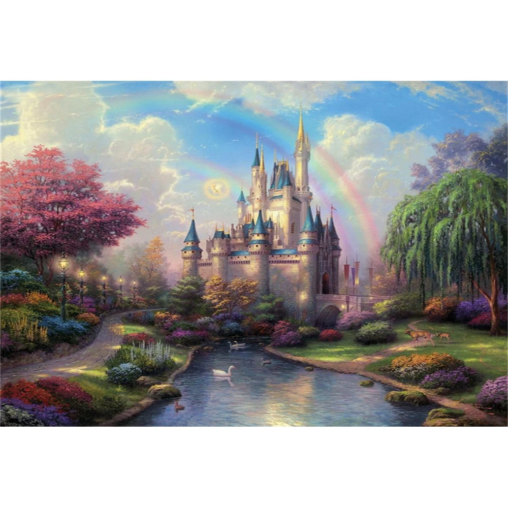 Фон для фотосъемки с изображением весенней страны чудес мечтательного замка