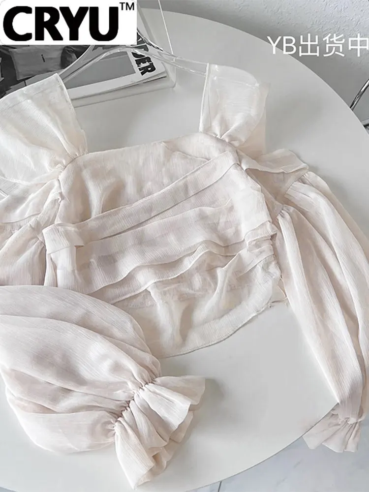 

Autumn Winter New Women Solid Color Stretch Pleated Ruffle Crop Top Loose Long Sleeve Square Collar Design Chiffon Lady Blouses