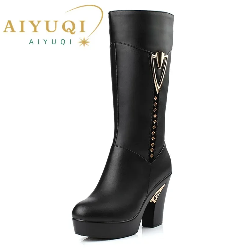 

winter women boots first layer of leather high heeled genuine leather boots Gaotong thick with long barreled boots wool