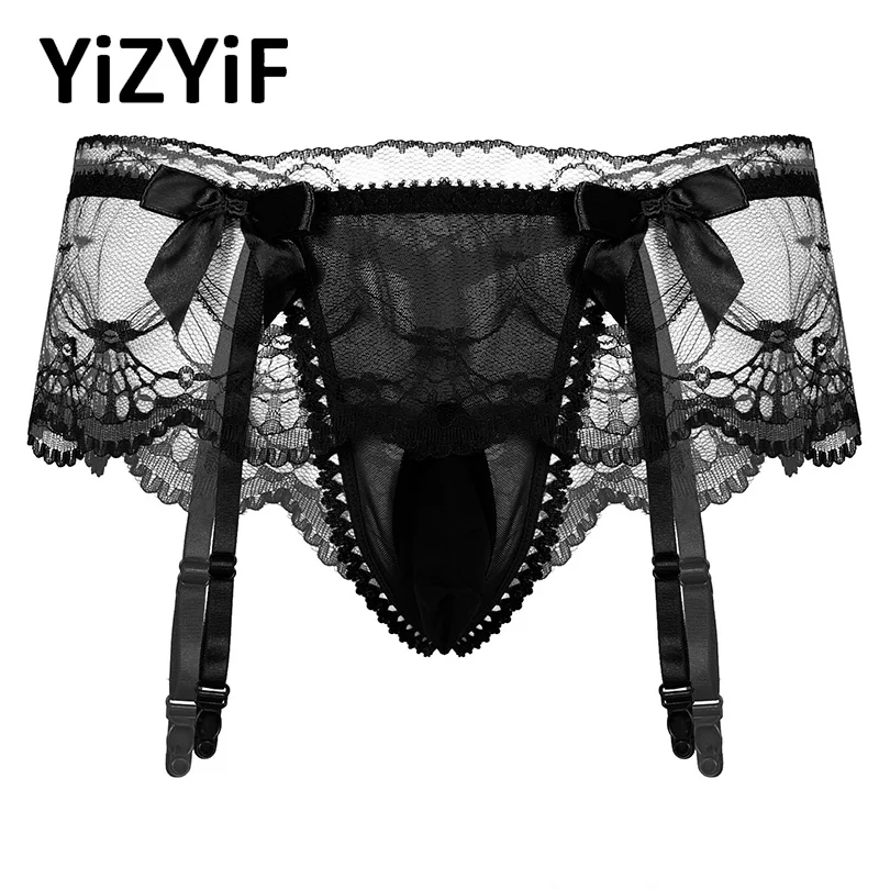 Трусы-бикини мужские прозрачные сетчатые кружевные стринги с бантом открытыми