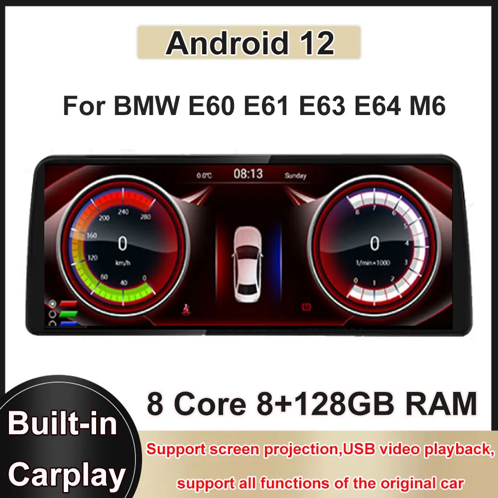 

For BMW 5 Series E60 E61 E63 E64 M6 Android 12 Touch Screen 12.3 Inch Car Monitor Carplay Multimedia Navigation Audio Player