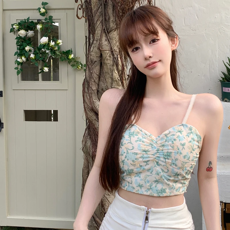 

Women Navel Padded 's Camisole Korean Version Floral Print Slim Sexy Tank Tops