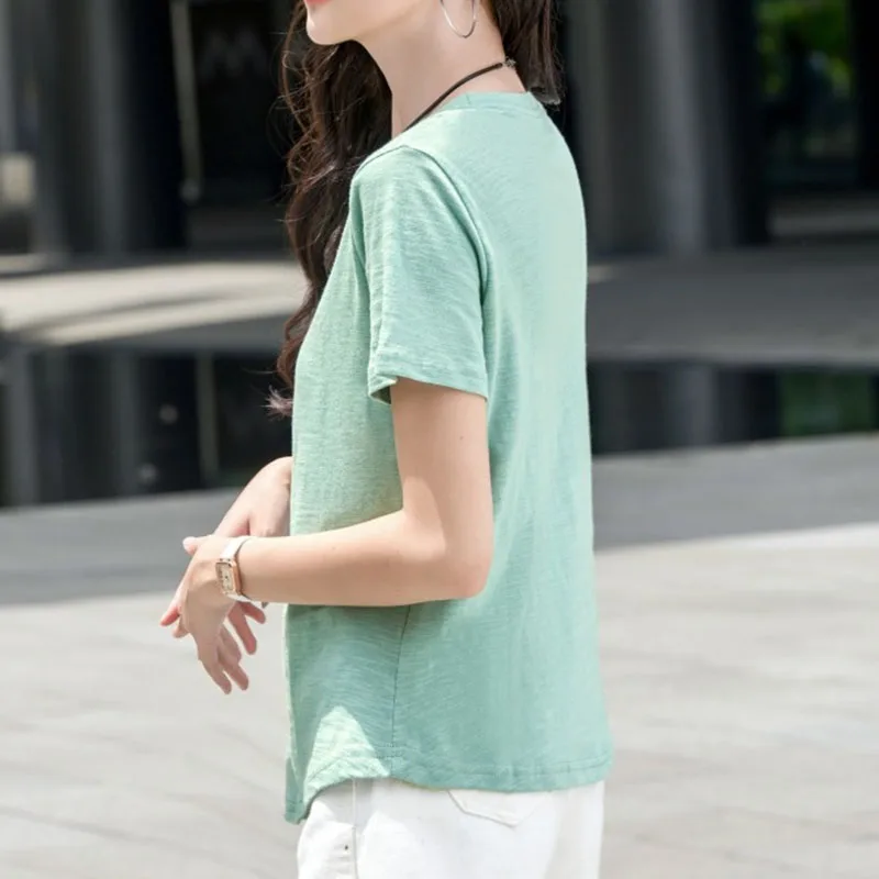 Летняя базовая хлопковая футболка для женщин 2025 года корейский стиль женская