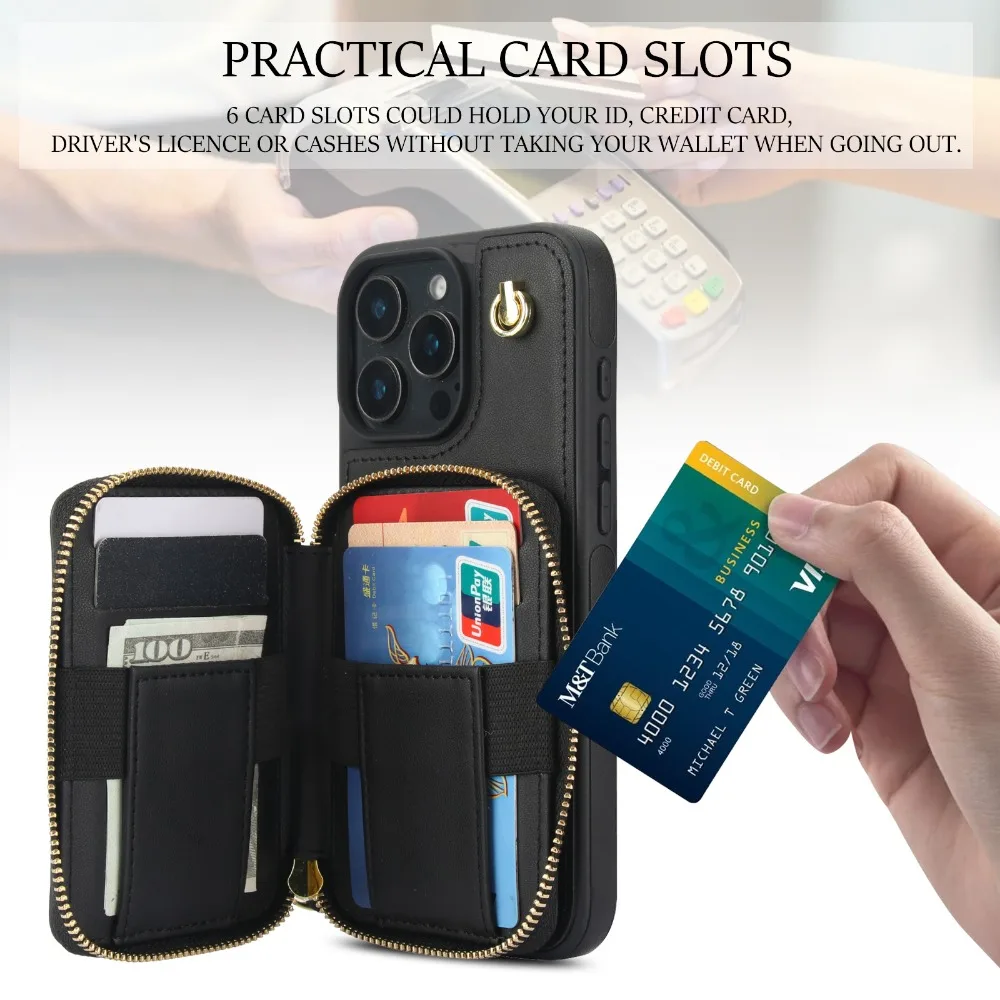 Leather Phone Case for IPhone 16 15 14 Plus 13 12 11 Pro Max XS X 7 8 Crossbody Wrist Strap Zipper Wallet with Card Holder Cover