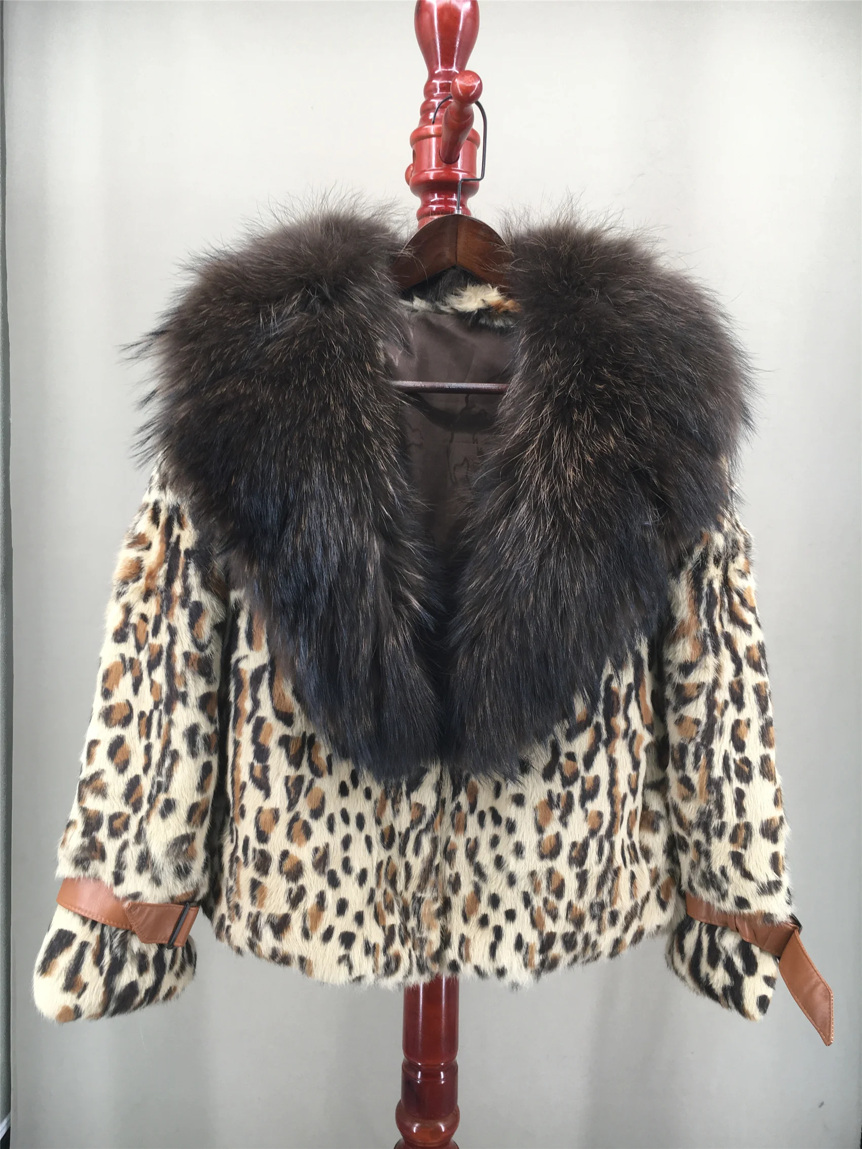 

real rabbit fur full plet short coat with fox collar woman casual 2023 leopard furry winter warm luxurious