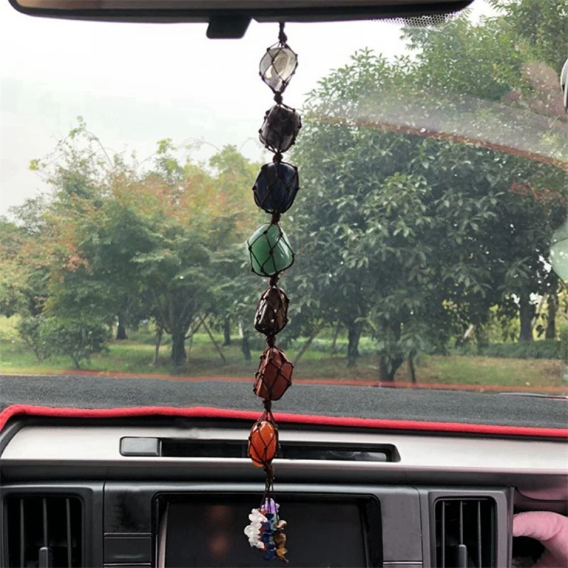 

1/4pcs Seven-color chakra natural crystal stone car pendant Chakra Tumbled Gemstone Tassel Hanging Ornament Stones Car Decor