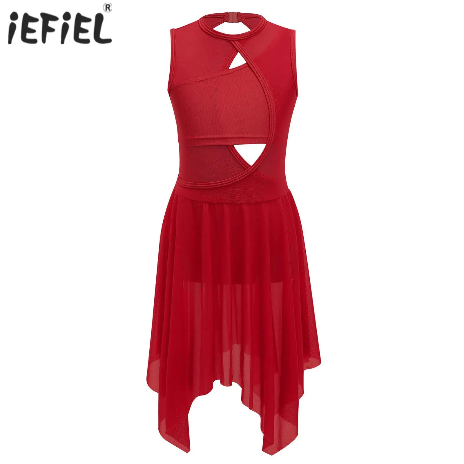 

Ballet Dance Dress for Kids Girls Round Neckline Criss Cross Hollow Mesh Patchwork Backless Figure Skating Ballerina Dance Dress