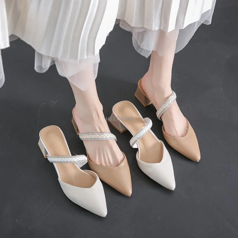 

Sexy Ladies Slipper Middle Heel Simple Muller Shoes Hot New Fashion Ladies Sandals Slippers Women Outer Wear Summer Square Heel