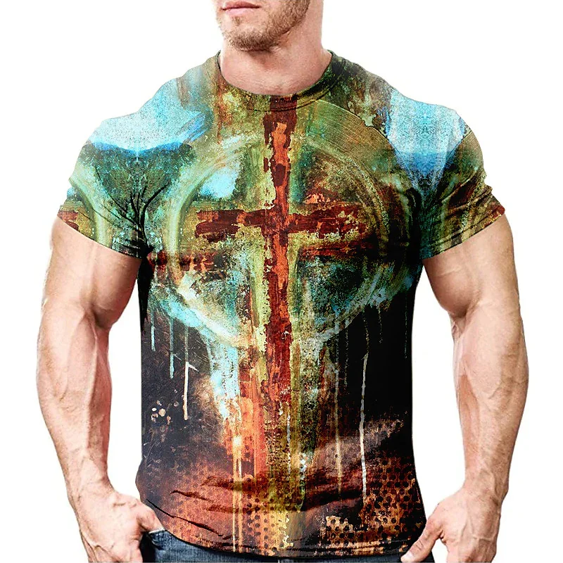 

New Leisure Fashion Men's Sweatshirt Vintage Cross Print Boys' Clothing Summer Comfortable and Handsome Men's Round Neck T-shirt