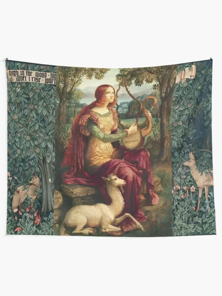 Гобелен с изображением единорога и леди лесных животных лисы Зеленый цветочный